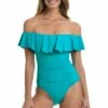 Island Goddess Off Shoulder Ruffle One Piece - Turquoise