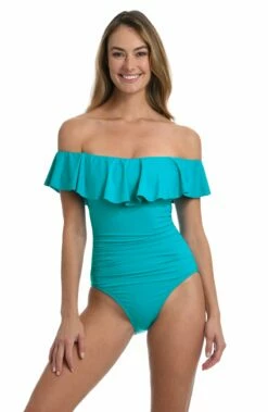 Island Goddess Off Shoulder Ruffle One Piece - Turquoise