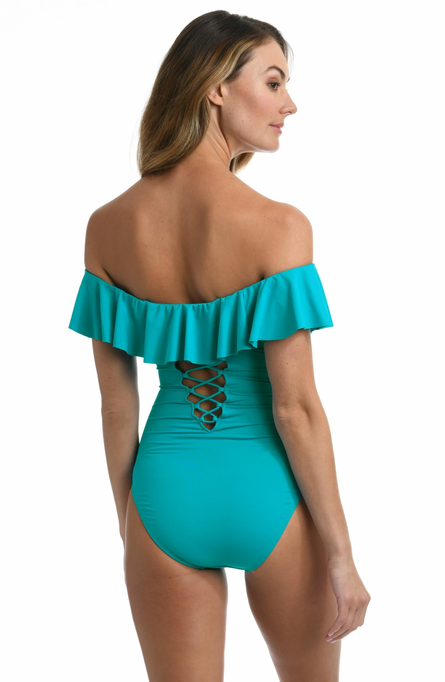Island Goddess Off Shoulder Ruffle One Piece - Turquoise 4 Island Goddess Off Shoulder Ruffle One Piece - Turquoise - Image 2