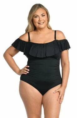 Island Goddess Off Shoulder Ruffle One Piece - Black -Lablanca Sales Shop LB0IG11W BLK F 1