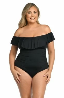 Island Goddess Off Shoulder Ruffle One Piece - Black -Lablanca Sales Shop LB0IG11W BLK F 2