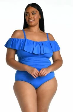 Island Goddess Off Shoulder Ruffle One Piece - Capri Blue