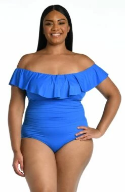 Island Goddess Off Shoulder Ruffle One Piece - Capri Blue -Lablanca Sales Shop LB0IG11W CPB F2