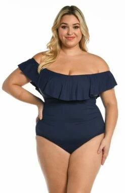 Island Goddess Off Shoulder Ruffle One Piece - Indigo -Lablanca Sales Shop LB0IG11W IND F 2