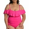 Island Goddess Off Shoulder Ruffle One Piece - Pop Pink