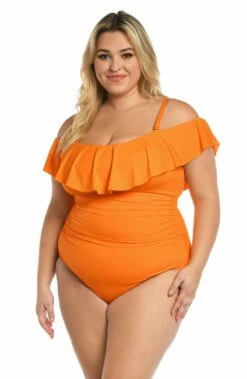 Island Goddess Off Shoulder Ruffle One Piece - Tangerine