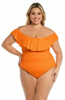 Island Goddess Off Shoulder Ruffle One Piece - Tangerine -Lablanca Sales Shop LB0IG11W TNG F 2