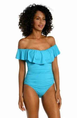 Island Goddess Off Shoulder Ruffle One Piece - Azul 7 Island Goddess Off Shoulder Ruffle One Piece - Azul -Lablanca Sales Shop LB0IG11 AZL F 2