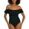 Island Goddess Off Shoulder Ruffle One Piece - Black