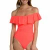 Island Goddess Off Shoulder Ruffle One Piece - Hot Coral