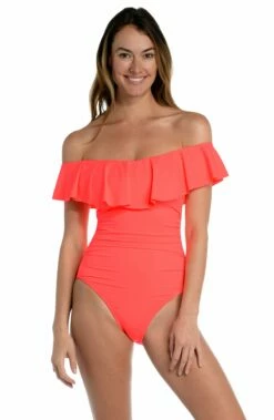 Island Goddess Off Shoulder Ruffle One Piece - Hot Coral