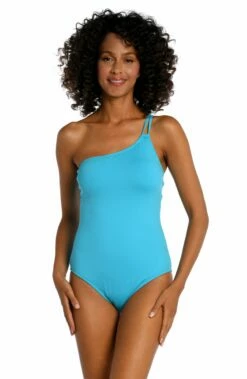 Island Goddess Lace Back One Shoulder One Piece - Azul