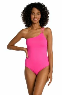 Island Goddess Lace Back One Shoulder One Piece - Pop Pink