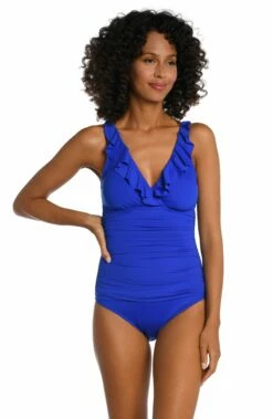 Island Goddess Ruffle Surplice One Piece - Sapphire