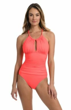 Island Goddess High Neck Keyhole One Piece - Hot Coral