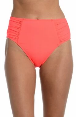 Island Goddess Side Shirred High Waist Bottom - Hot Coral