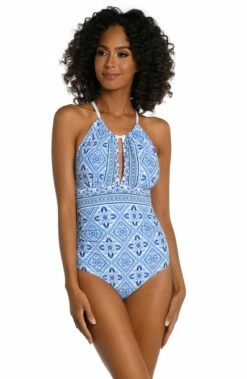 Mediterranean Breeze High Neck Keyhole One Piece