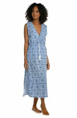 Mediterranean Breeze Tie Front Mid Length Dress