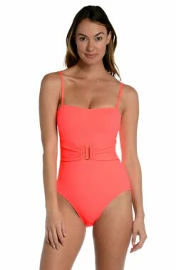 Island Goddess Bandeau One Piece - Hot Coral