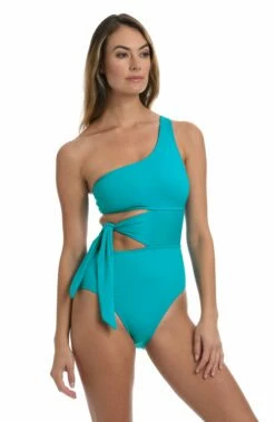 Island Goddess Cutout One Shoulder One Piece - Turquoise