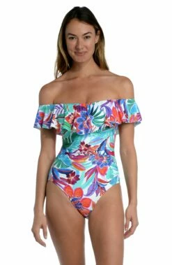 Tropics Of Tropez Off Shoulder Ruffle One Piece - FINAL SALE 7 Tropics Of Tropez Off Shoulder Ruffle One Piece - FINAL SALE -Lablanca Sales Shop LB2LA11 MLT F