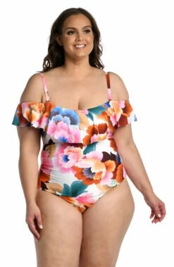Floral Rhythm Off Shoulder Ruffle One Piece -Lablanca Sales Shop LB3VE11W MLT F 1