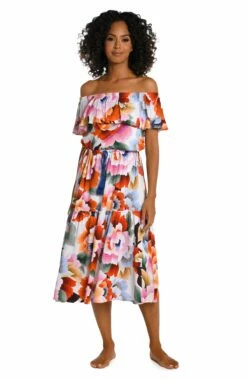 Floral Rhythm Off-The-Shoulder Cover Up Dress -Lablanca Sales Shop LB3VE35 MLT F 1
