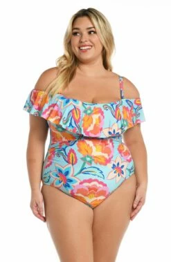 Breezy Beauty Off Shoulder Ruffle One Piece -Lablanca Sales Shop LB3VP11W ICB F 1