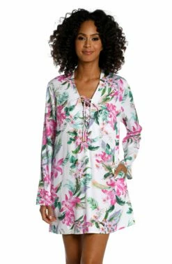 Mystic Palms Lace Up V-Neck Tunic - FINAL SALE -Lablanca Sales Shop LB3ZL55 MLT F 1