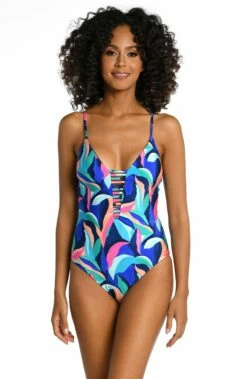 Painted Leaves Reversible Plunge One Piece 12 Painted Leaves Reversible Plunge One Piece -Lablanca Sales Shop LB3ZP09 MLT F 2