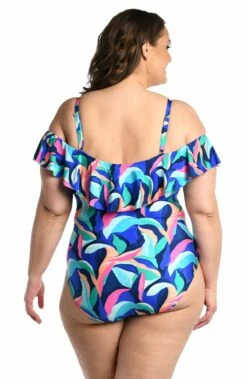 Painted Leaves Off Shoulder Ruffle One Piece -Lablanca Sales Shop LB3ZP11W MLT B 1