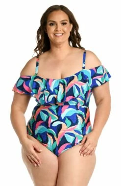 Painted Leaves Off Shoulder Ruffle One Piece -Lablanca Sales Shop LB3ZP11W MLT F 1