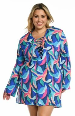 Painted Leaves Lace Up V-Neck Tunic -Lablanca Sales Shop LB3ZP55W MLT F 1