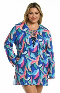 Painted Leaves Lace Up V-Neck Tunic -Lablanca Sales Shop LB3ZP55W MLT F 2