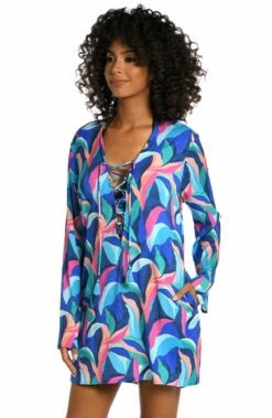 Painted Leaves Lace Up V-Neck Tunic -Lablanca Sales Shop LB3ZP55 MLT F 3