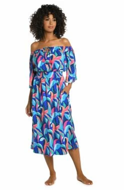 Painted Leaves Off-The-Shoulder Cover Up Dress 10 Painted Leaves Off-The-Shoulder Cover Up Dress -Lablanca Sales Shop LB3ZP58 MLT F 3