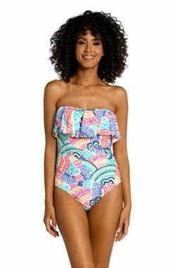 Waves Of Color Ruffled Bandeau One Piece -Lablanca Sales Shop LB3ZR20 MLT F 2