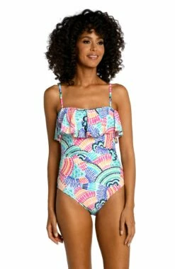 Waves Of Color Ruffled Bandeau One Piece