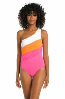 Island Goddess Shirred One Shoulder One Piece - Tangerine