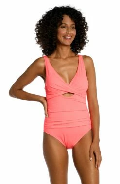 Island Goddess Cross Front Keyhole One Piece - Hot Coral
