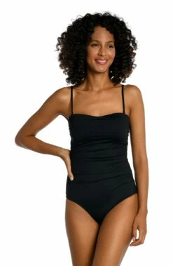 Island Goddess Shirred Bandeau One Piece - Black