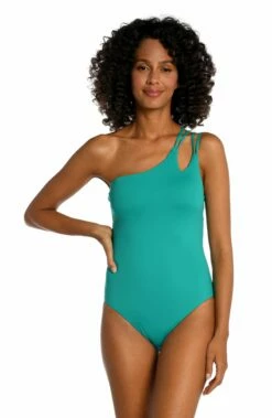 Island Goddess Strappy One Shoulder One Piece - Emerald
