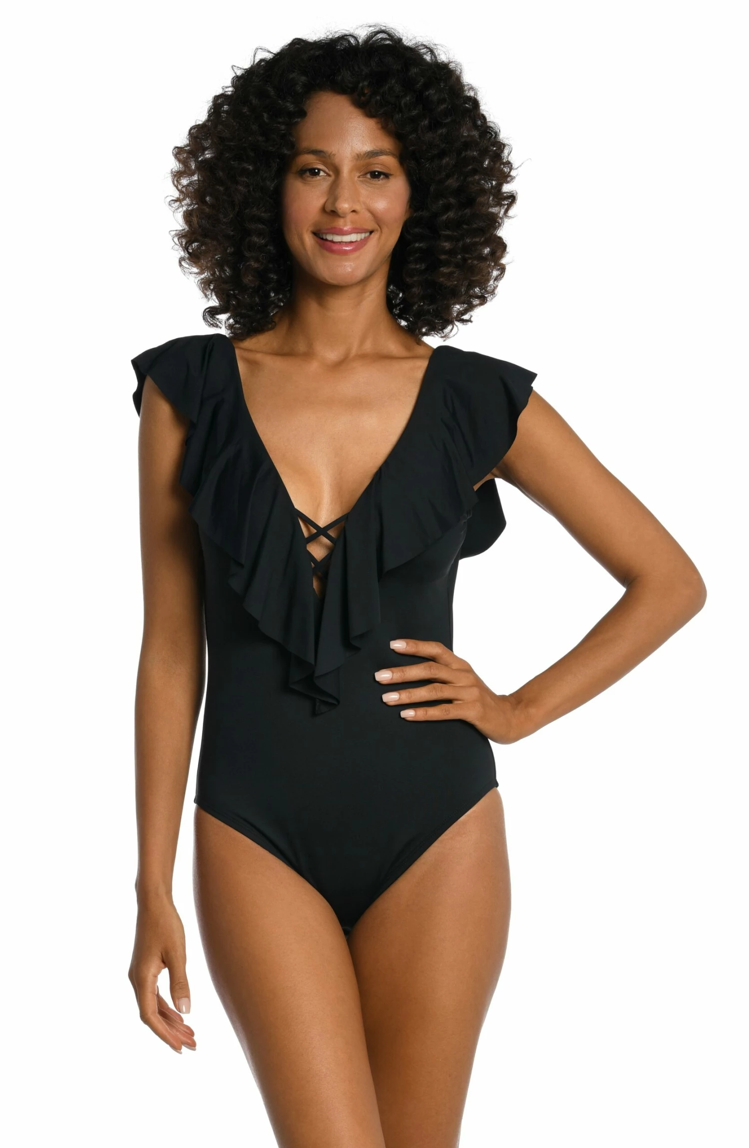 Island Goddess Ruffle Plunge One Piece - Black 3 Island Goddess Ruffle Plunge One Piece - Black