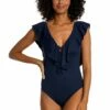 Island Goddess Ruffle Plunge One Piece - Indigo
