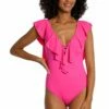 Island Goddess Ruffle Plunge One Piece - Pop Pink