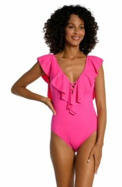 Island Goddess Ruffle Plunge One Piece - Pop Pink