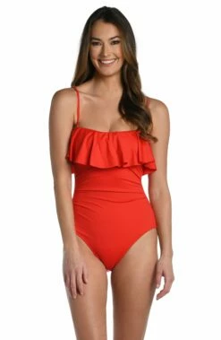 Island Goddess Ruffled Bandeau One Piece - Cherry