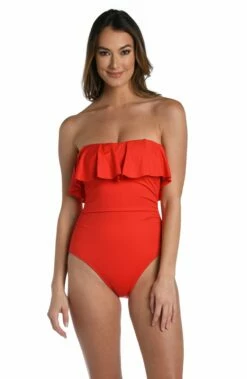 Island Goddess Ruffled Bandeau One Piece - Cherry -Lablanca Sales Shop LB3ZZ20 CHR F2