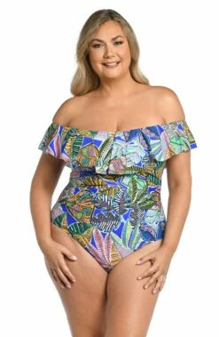 Neon Nights Off Shoulder Ruffle One Piece -Lablanca Sales Shop LB4BF11W MLT F 2