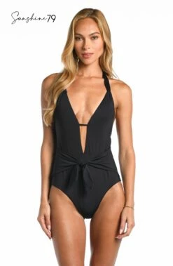 Sunshine 79 Gypset Solids V-Plunge Halter One Piece -Black